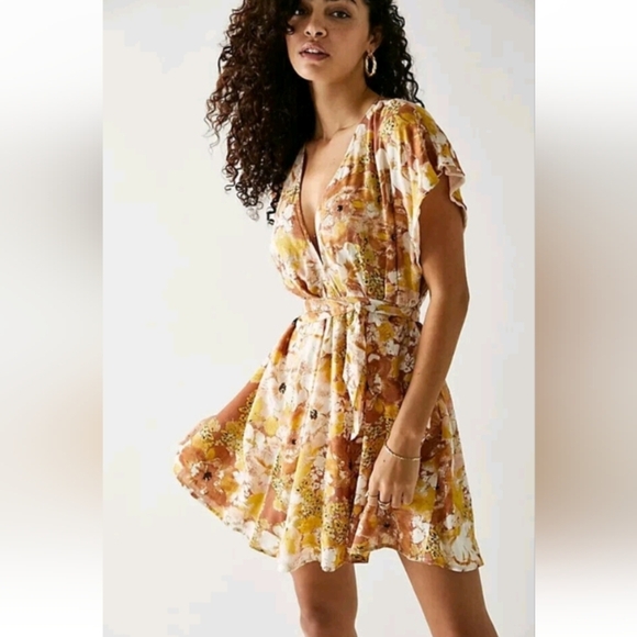Free People Freddy Cocoa Floral Printed Short Sleeve Mini Dress Sz L - Picture 1 of 8